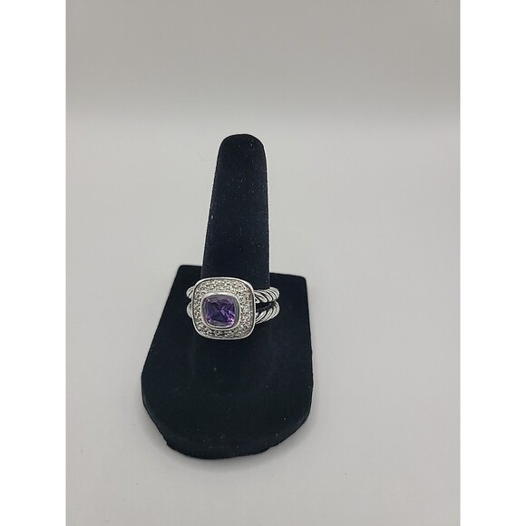 Vintage Silver Tone Purple Stone Halo Ring Rope Band Cushion Cut SZ 7 - Picture 7 of 11